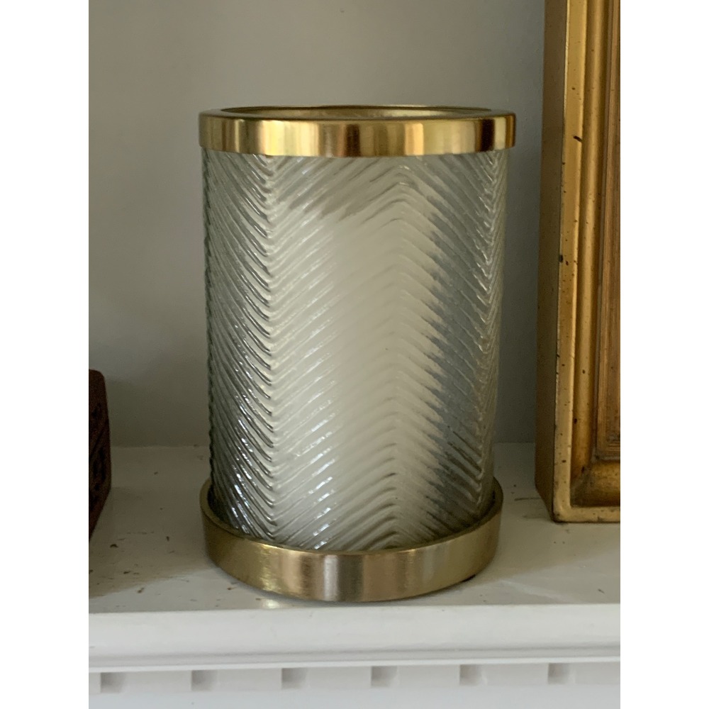 Gold Trim Chevron Glass Hurricane Pillar Candle Holder Modern Glam Home Decor